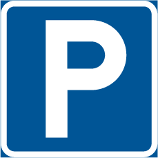 Illustration över vägmärket P med blå platta och ett stort vitt P. 